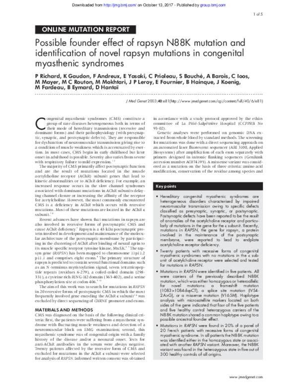 (PDF) Possible founder effect of rapsyn N88K mutation and ...