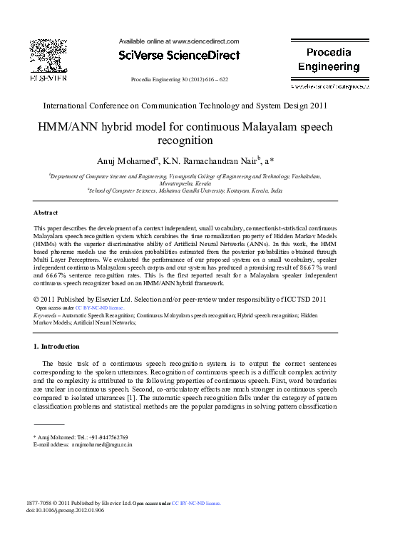 (PDF) HMM/ANN hybrid model for continuous Malayalam speech recognition