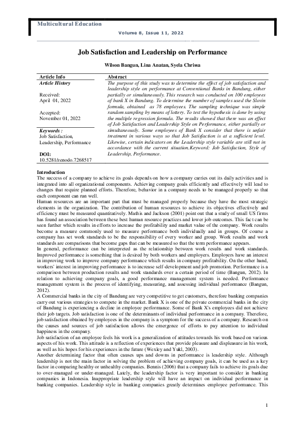 Pdf Job Satisfaction And Leadership On Performance