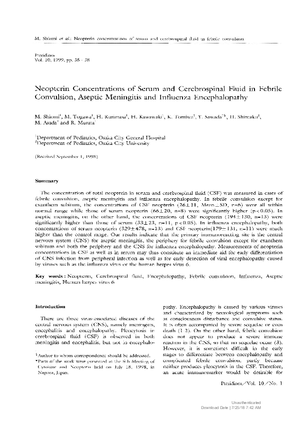 (PDF) Neopterin Concentrations of Serum and Cerebrospinal Fluid in ...