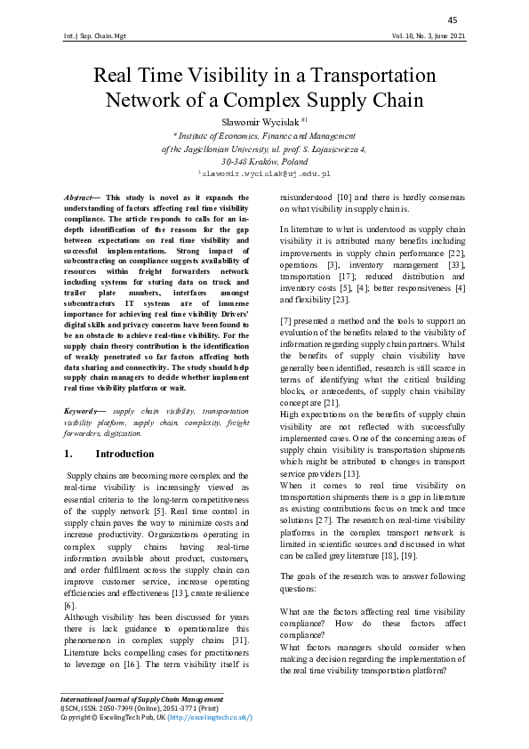 (PDF) Real Time Visibility In a Transportation Network of a Complex ...
