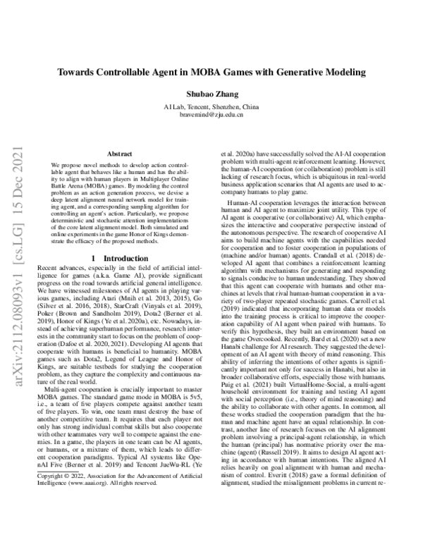 (PDF) Towards Controllable Agent in MOBA Games with Generative Modeling
