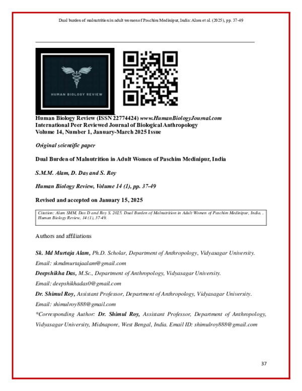 (PDF) Dual Burden of Malnutrition in Adult Women of Paschim Medinipur ...