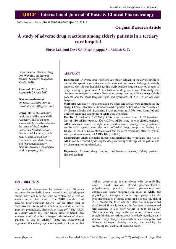 (PDF) A study of adverse drug reactions among elderly patients in a ...