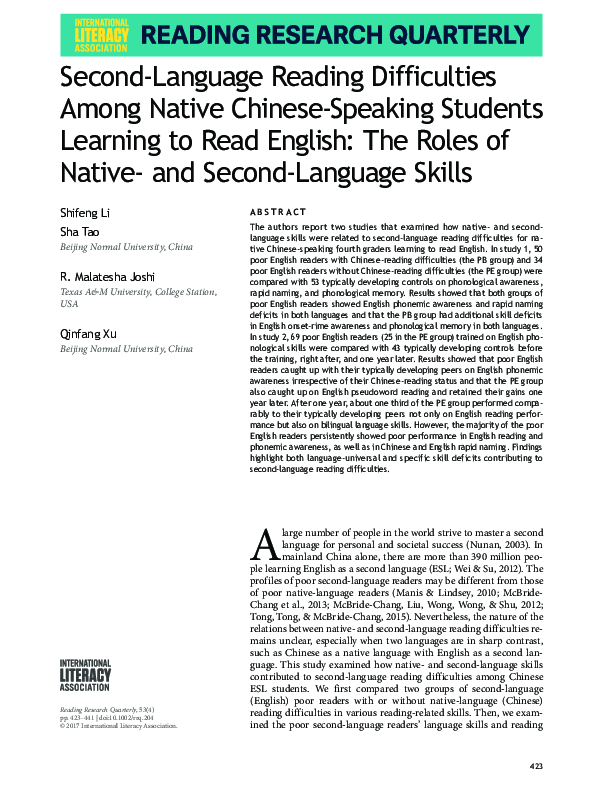 (PDF) Second-Language Reading Difficulties Among Native Chinese ...