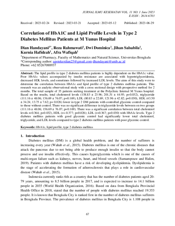 (PDF) Correlation of HbA1C and Lipid Profile Levels in Type 2 Diabetes ...