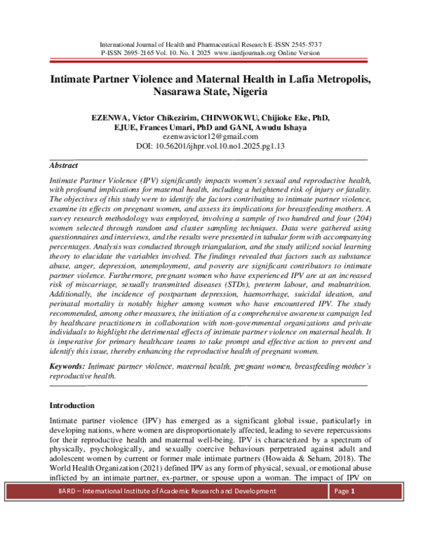(PDF) Intimate Partner Violence and Maternal Health in Lafia Metropolis