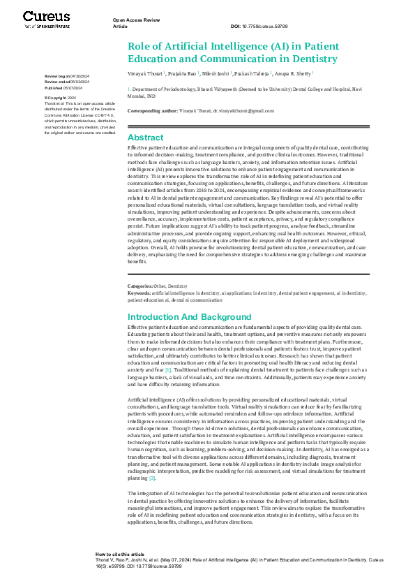 (PDF) Role of Artificial Intelligence (AI) in Patient Education and ...