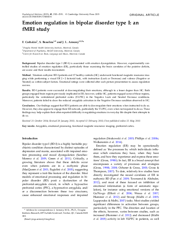 (PDF) Emotion regulation in bipolar disorder type I: an fMRI study