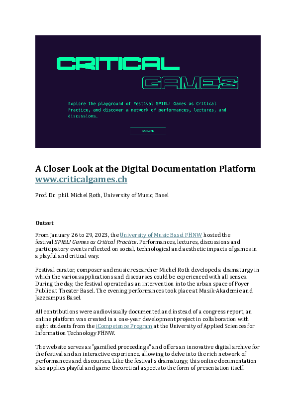 (PDF) A Closer Look at the Digital Documentation Platform criticalgames.ch