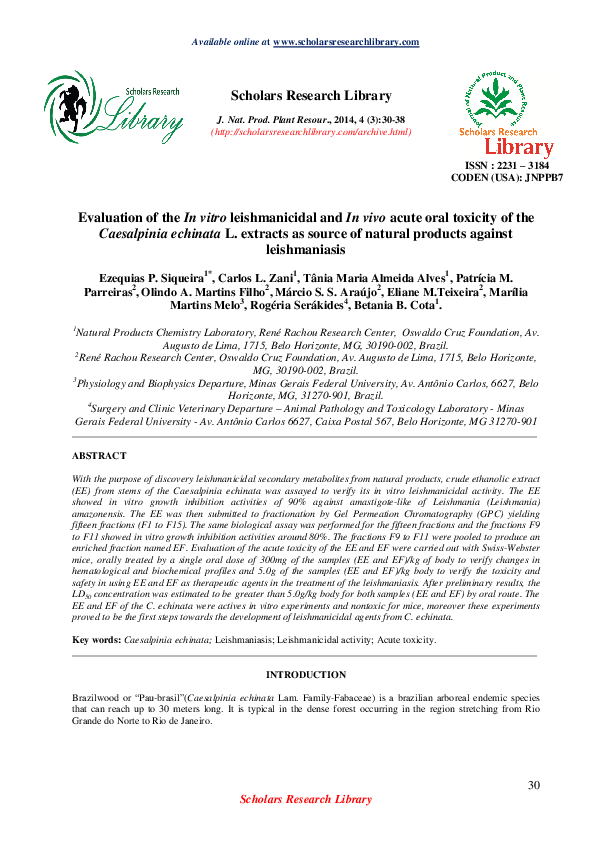 (PDF) Evaluation of the In vitro leishmanicidal and In vivo acute oral ...