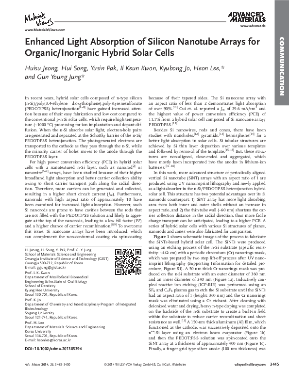 (PDF) Enhanced Light Absorption of Silicon Nanotube Arrays for Organic ...