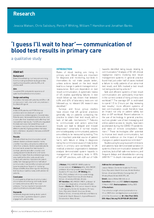(PDF) ‘I guess I’ll wait to hear’— communication of blood test results ...