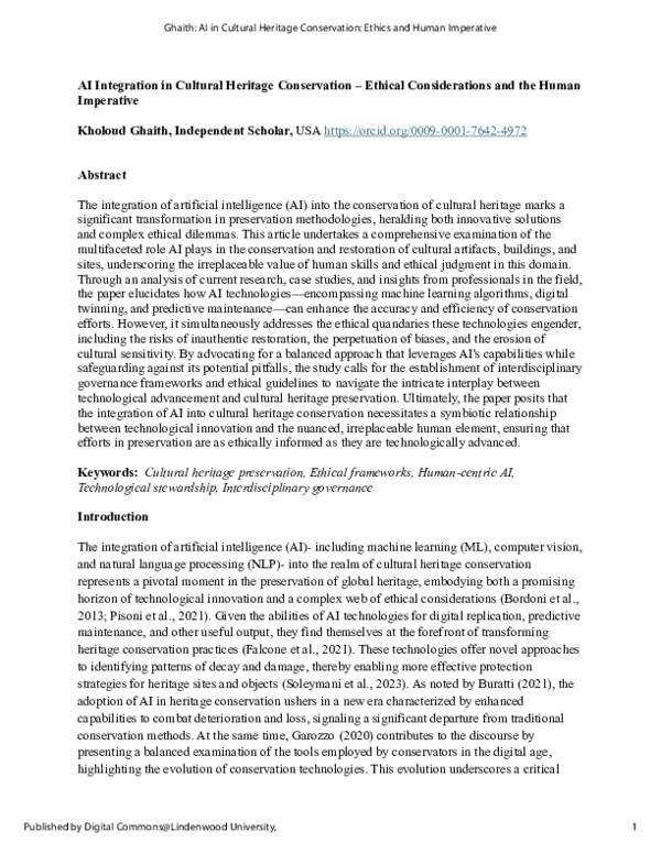 (PDF) AI Integration in Cultural Heritage Conservation -Ethical ...