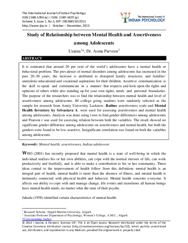(PDF) Study of Relationship between Mental Health and Assertiveness ...