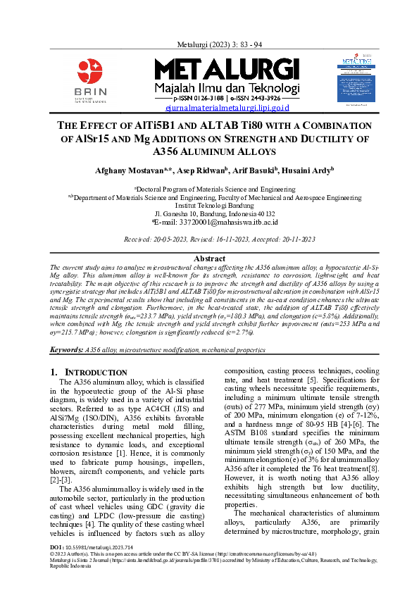 (PDF) The Effect of AlTi5B1 and ALTAB Ti80 with a Combination of AlSr15 ...