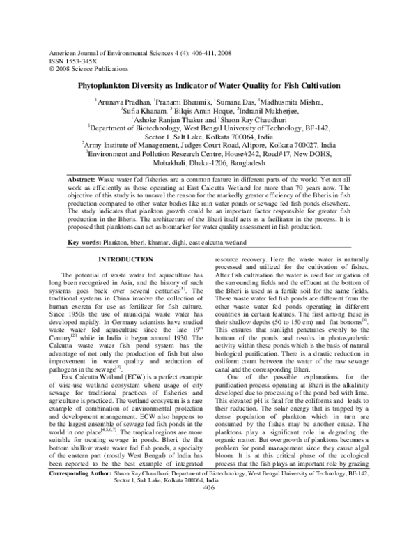 (PDF) Phytoplankton Diversity as Indicator of Water Quality for Fish ...