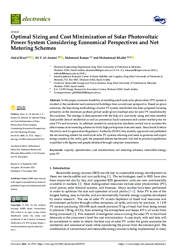 (PDF) Optimal Sizing and Cost Minimization of Solar Photovoltaic Power ...