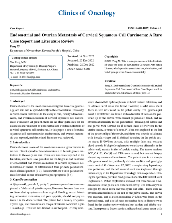(PDF) Endometrial and Ovarian Metastasis of Cervical Squamous Cell ...