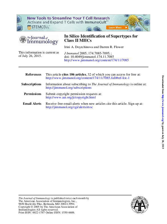 (PDF) In Silico Identification of Supertypes for Class II MHCs