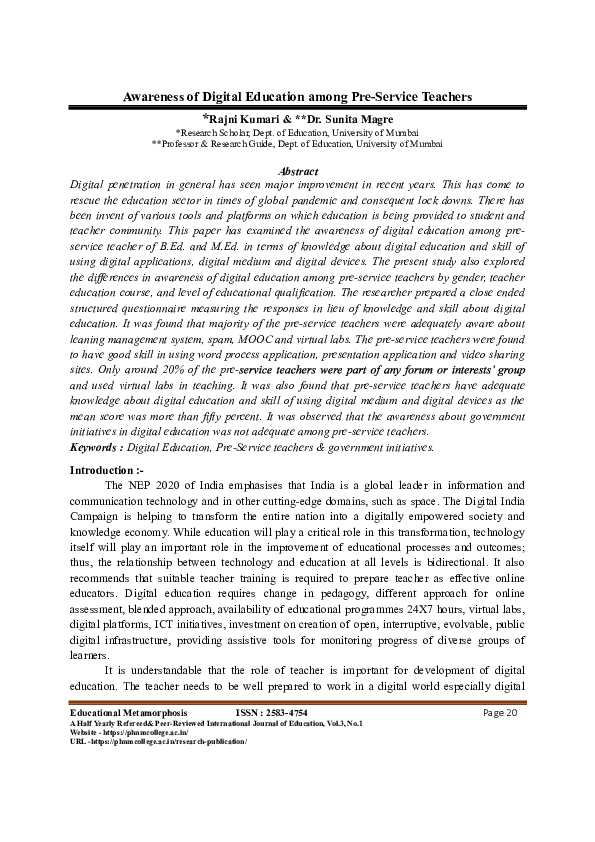 (PDF) Awareness of Digital Education among Pre-Service Teachers