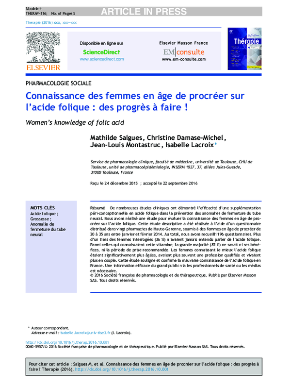 (PDF) Connaissance des femmes en âge de procréer sur l’acide folique ...