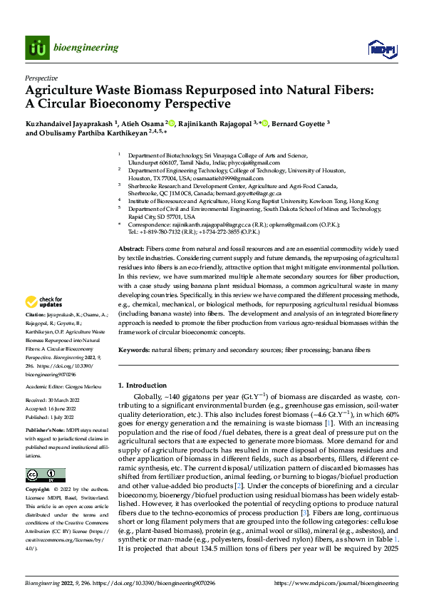 (PDF) Agriculture Waste Biomass Repurposed into Natural Fibers: A ...