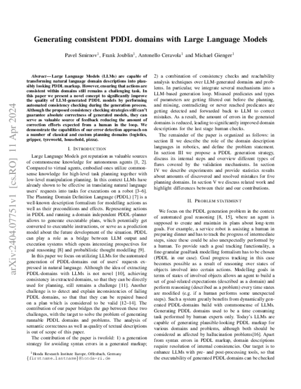 (PDF) Generating consistent PDDL domains with Large Language Models