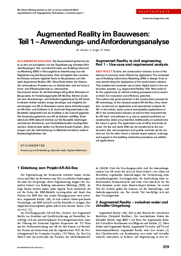 (PDF) Augmented Reality im Bauwesen. Teil 1: Anwendungs- und ...