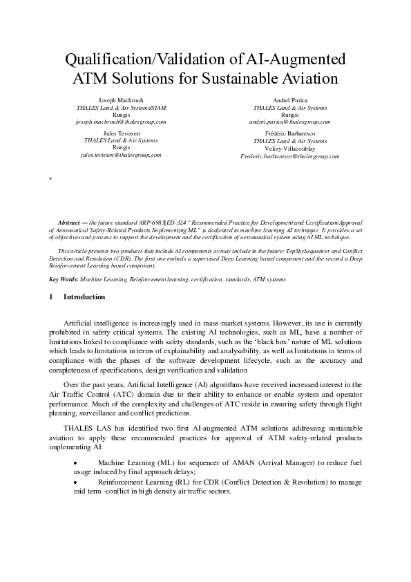 (PDF) Qualification/Validation of AI-Augmented ATM Solutions for ...
