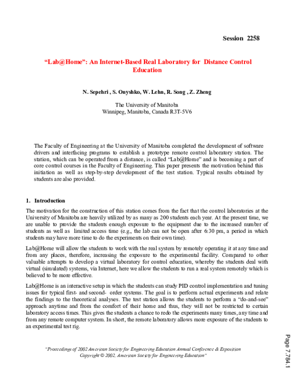 (PDF) Lab@Home: An Internet Based Real Laboratory For Distance Control ...