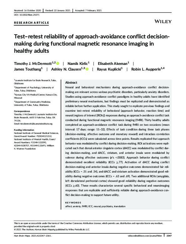 (PDF) Test–retest reliability of approach‐avoidance conflict decision ...