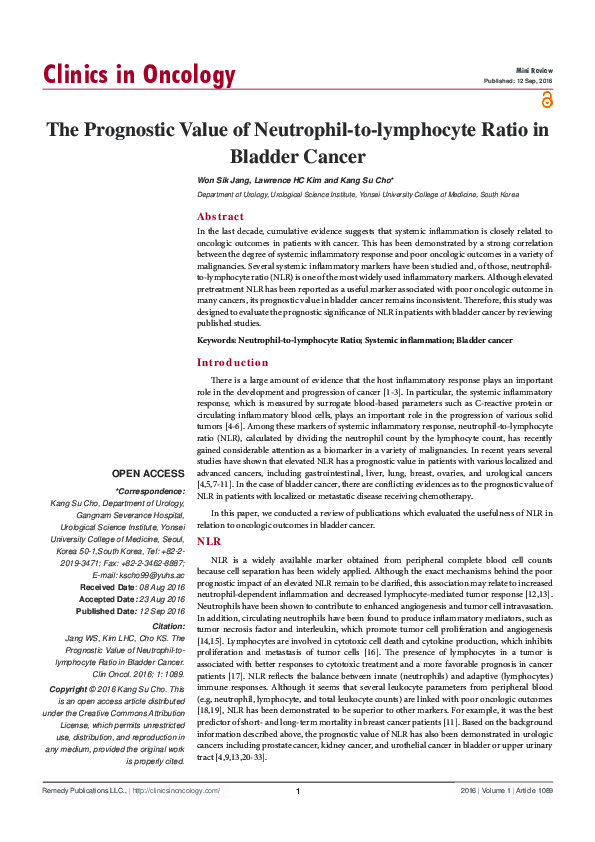 (PDF) The Prognostic Value of Neutrophil-to-lymphocyte Ratio in Bladder ...