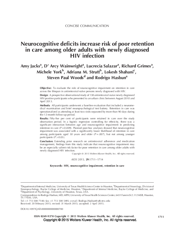 (PDF) Neurocognitive deficits increase risk of poor retention in care ...
