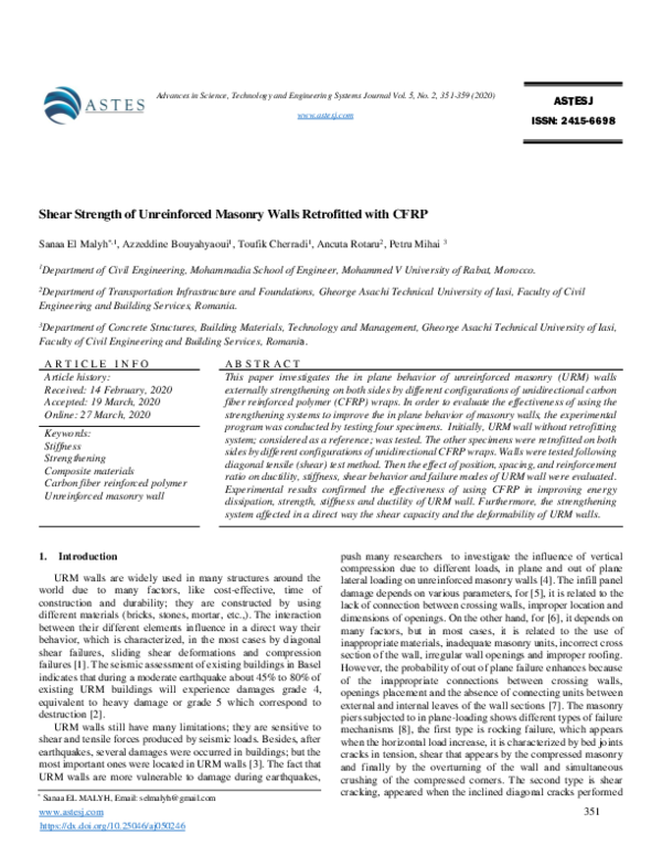 (PDF) Shear Strength of Unreinforced Masonry Walls Retrofitted with CFRP