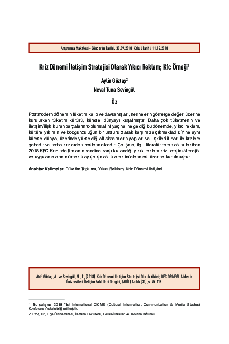 (PDF) Kriz Dönemi İletişim Stratejisi Olarak Yıkıcı Reklam; Kfc Örneği
