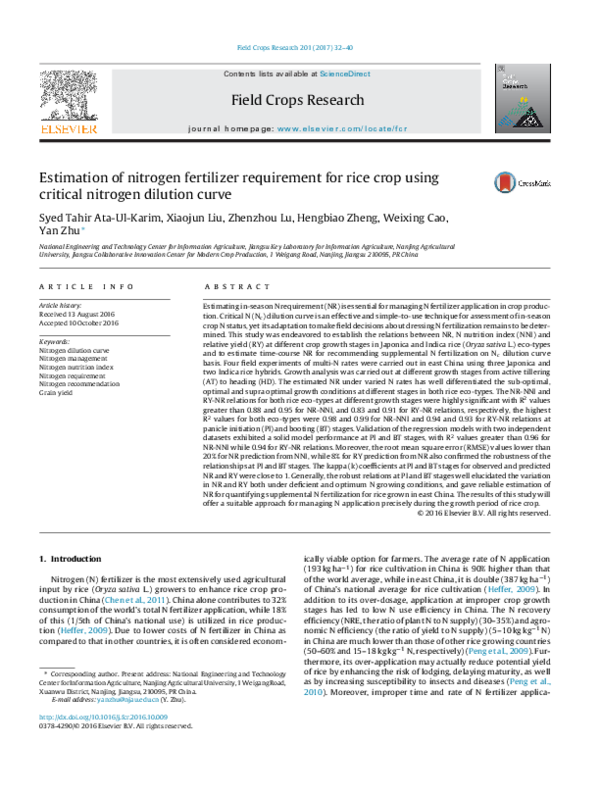 (PDF) Estimation of nitrogen fertilizer requirement for rice crop using ...
