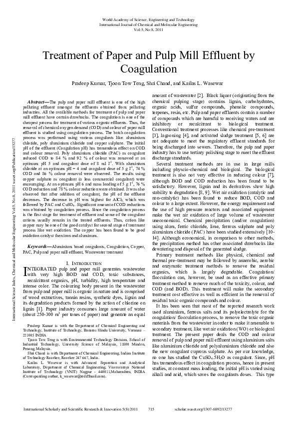 (PDF) Treatment of Paper and Pulp Mill Effluent by Coagulation
