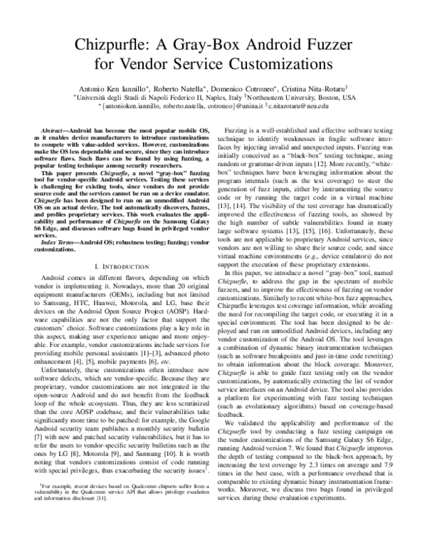 (PDF) Chizpurfle: A Gray-Box Android Fuzzer for Vendor Service ...
