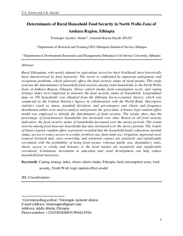 (PDF) Determinants of Rural Household Food Security in North Wollo Zone ...