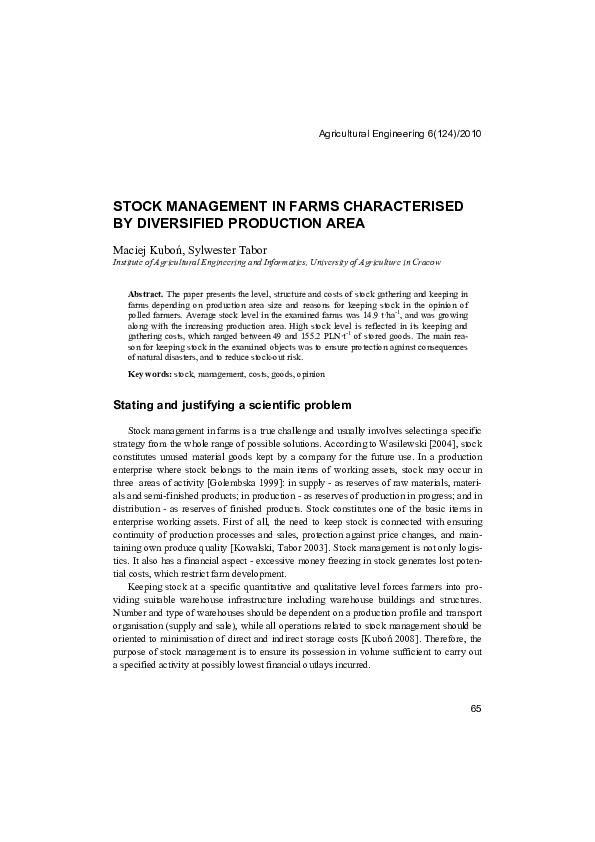 (PDF) Stock Management in Farms Characterised by Diversified Production ...