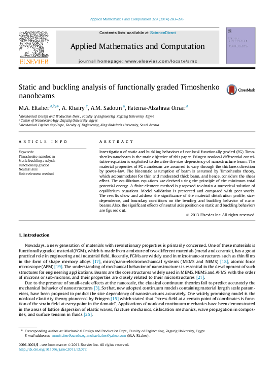 (PDF) Static and buckling analysis of functionally graded Timoshenko ...