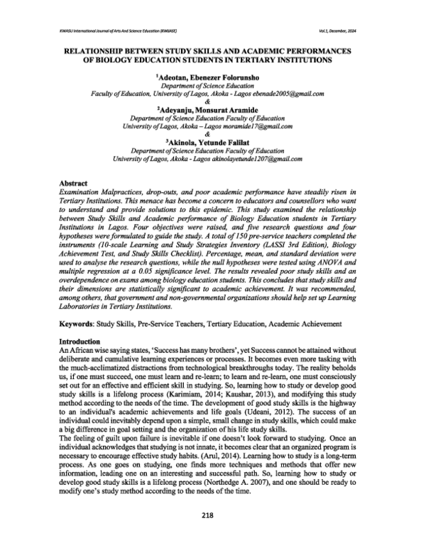 (PDF) RELATIONSHIP BETWEEN STUDY SKILLS AND ACADEMIC PERFORMANCES OF ...