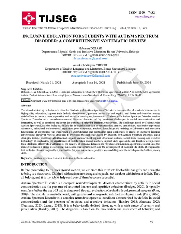 (PDF) INCLUSIVE EDUCATION FOR STUDENTS WITH AUTISM SPECTRUM DISORDER: A ...