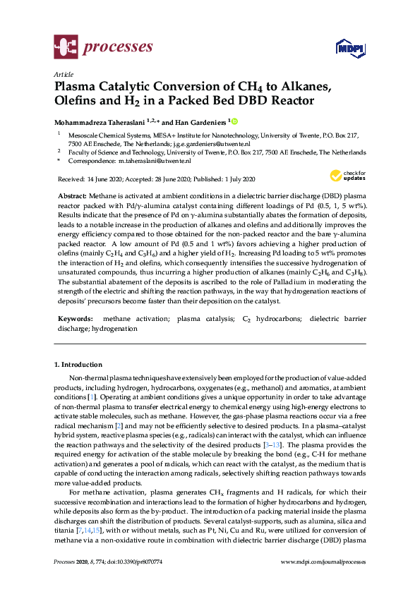 (PDF) Plasma Catalytic Conversion of CH4 to Alkanes, Olefins and H2 in ...