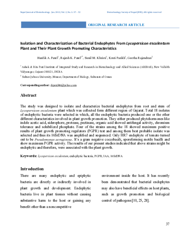 (PDF) Isolation and Characterization of Bacterial Endophytes from ...