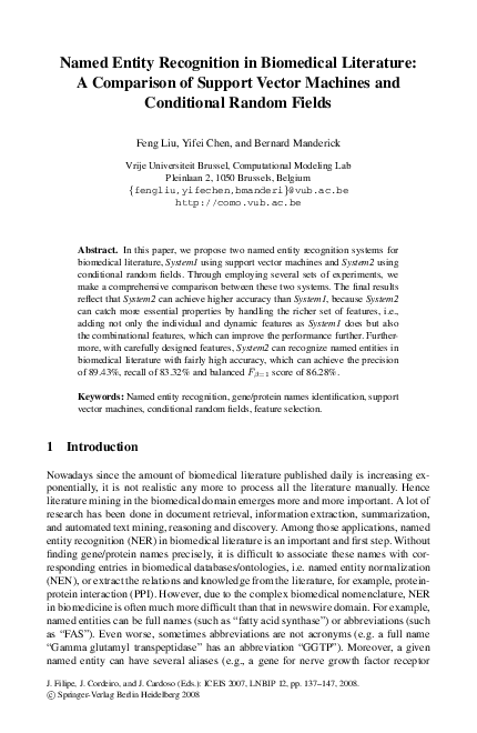 (PDF) Named Entity Recognition in Biomedical Literature: A Comparison ...