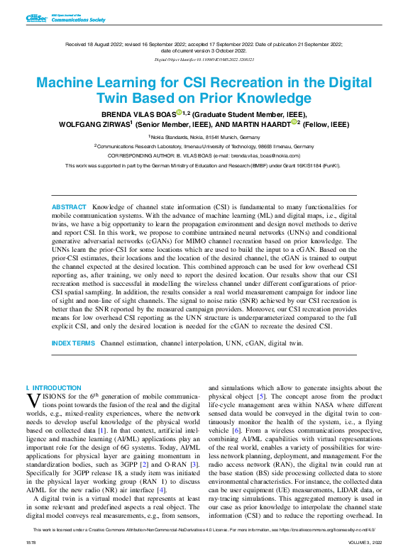 (PDF) Machine Learning for CSI Recreation in the Digital Twin Based on ...