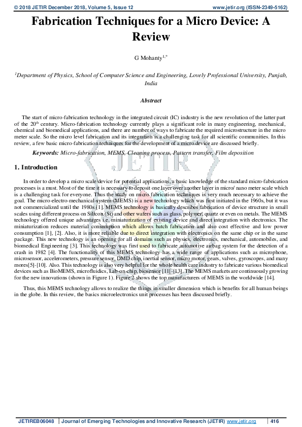 (PDF) Fabrication Techniques For A Micro Device: A Review