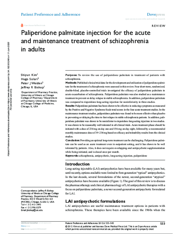 (PDF) Paliperidone palmitate injection for the acute and maintenance ...